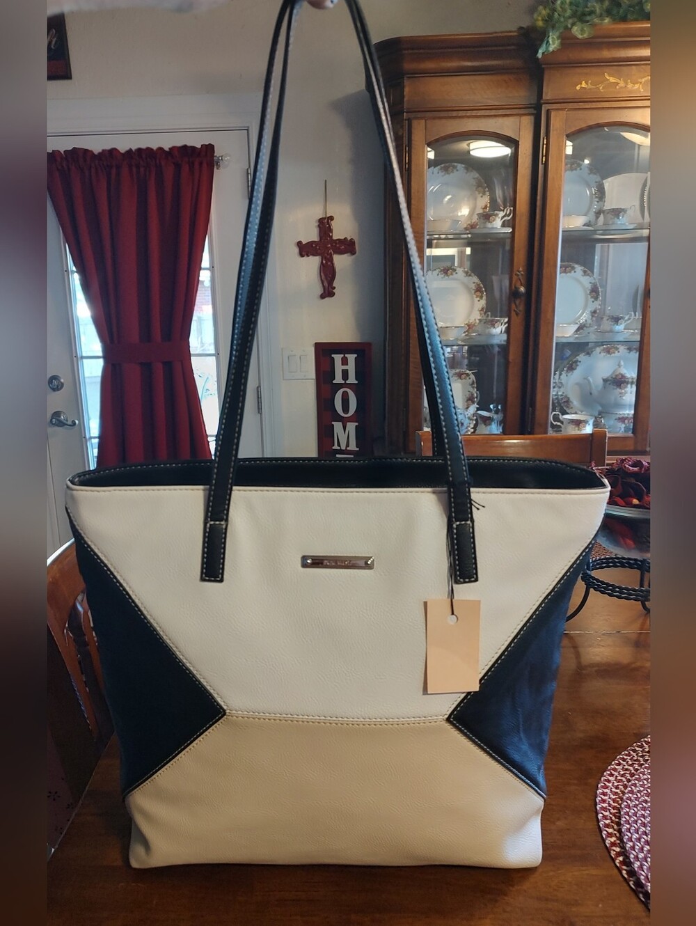 Nine West Classic Colorblock Tote Bag - White, Black & Cream